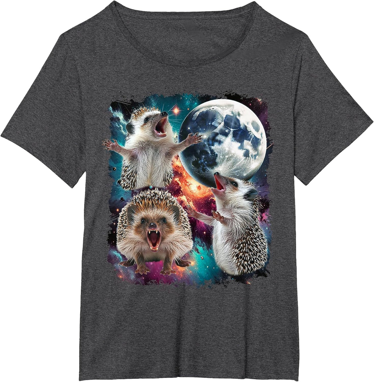 Three Hedgehog Moon | 3 Hedgehog Moon Funny Cursed Meme T-Shirt - Dark Heather Grey