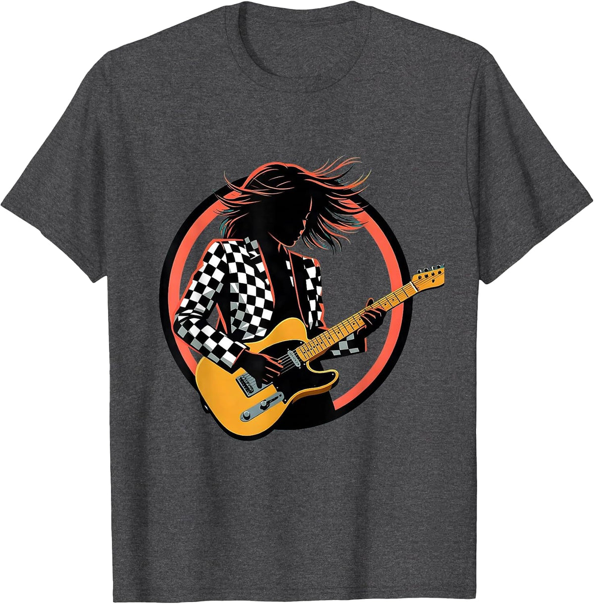Checkered Jacket Electric Guitar Player Graphic T-Shirt - Dark Heather Grey