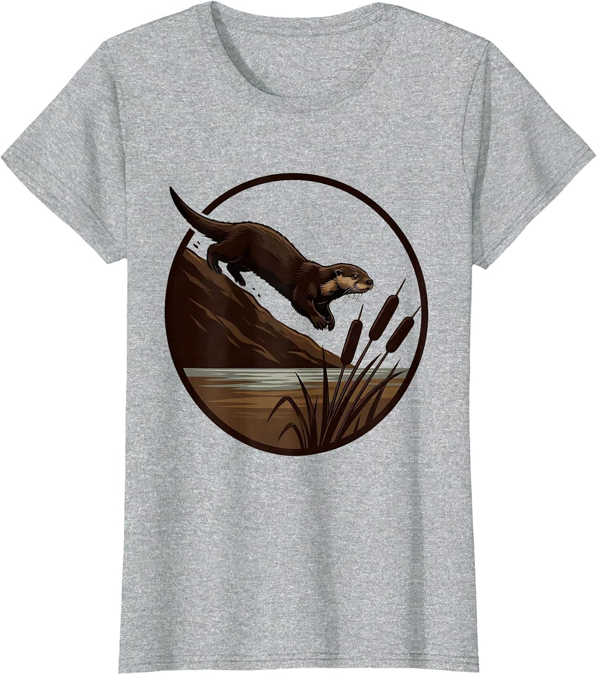 Women's River Otter Bottomland Camo Sliding Down Muddy Bank T-Shirt - Heather Grey