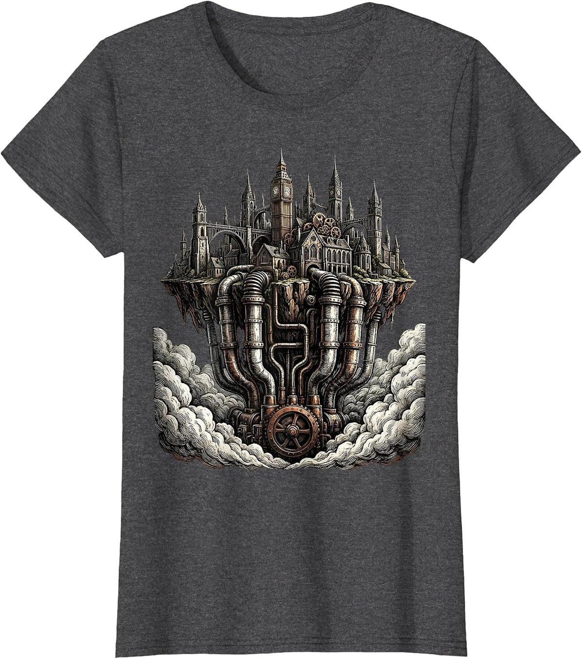 Women's Steampunk Levitating City Giant Steam Pistons T-Shirt - Dark Heather Grey