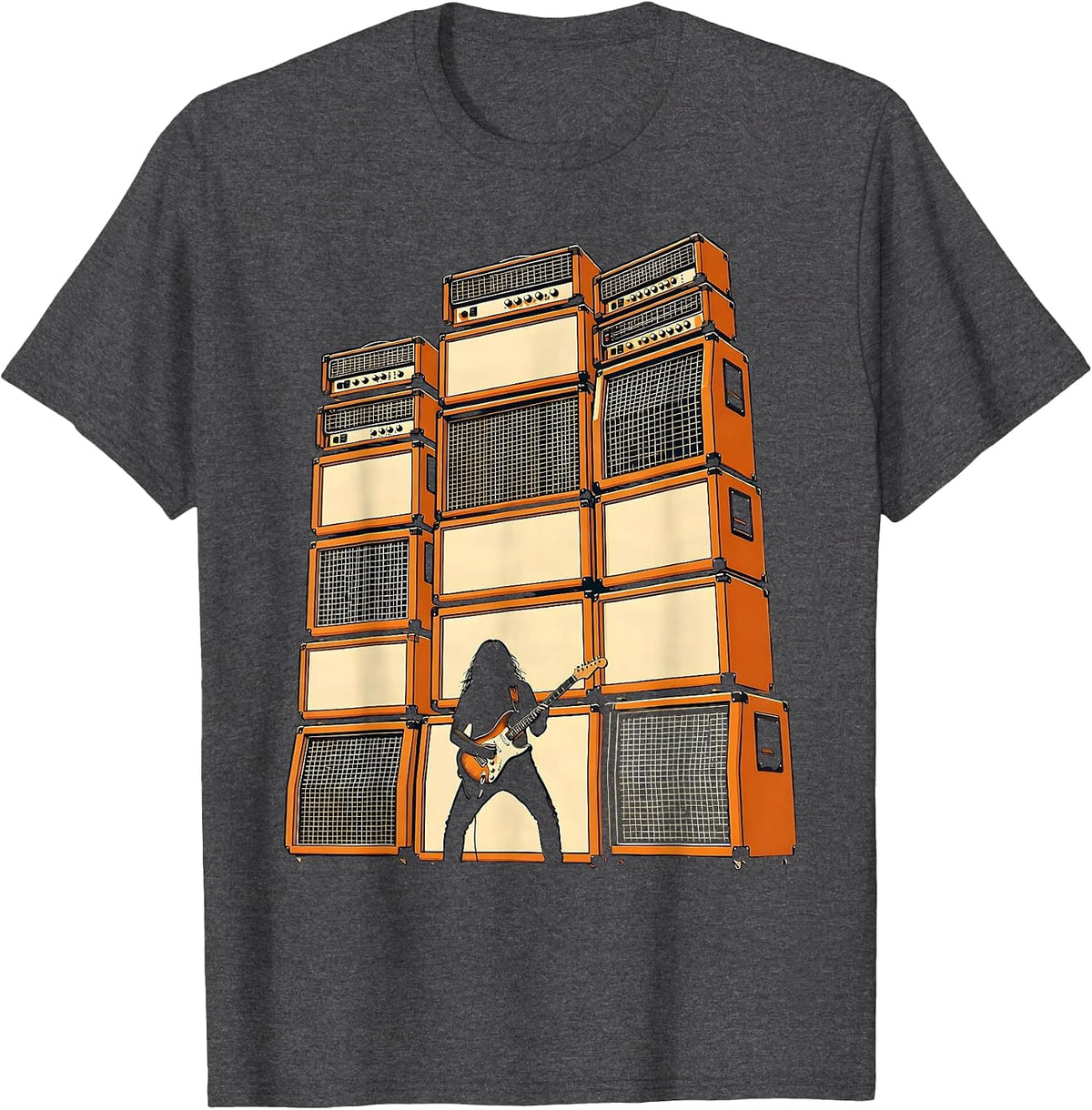 80s Rock Silhouette Giant Amplifier Stack Art T-Shirt - Dark Heather Grey