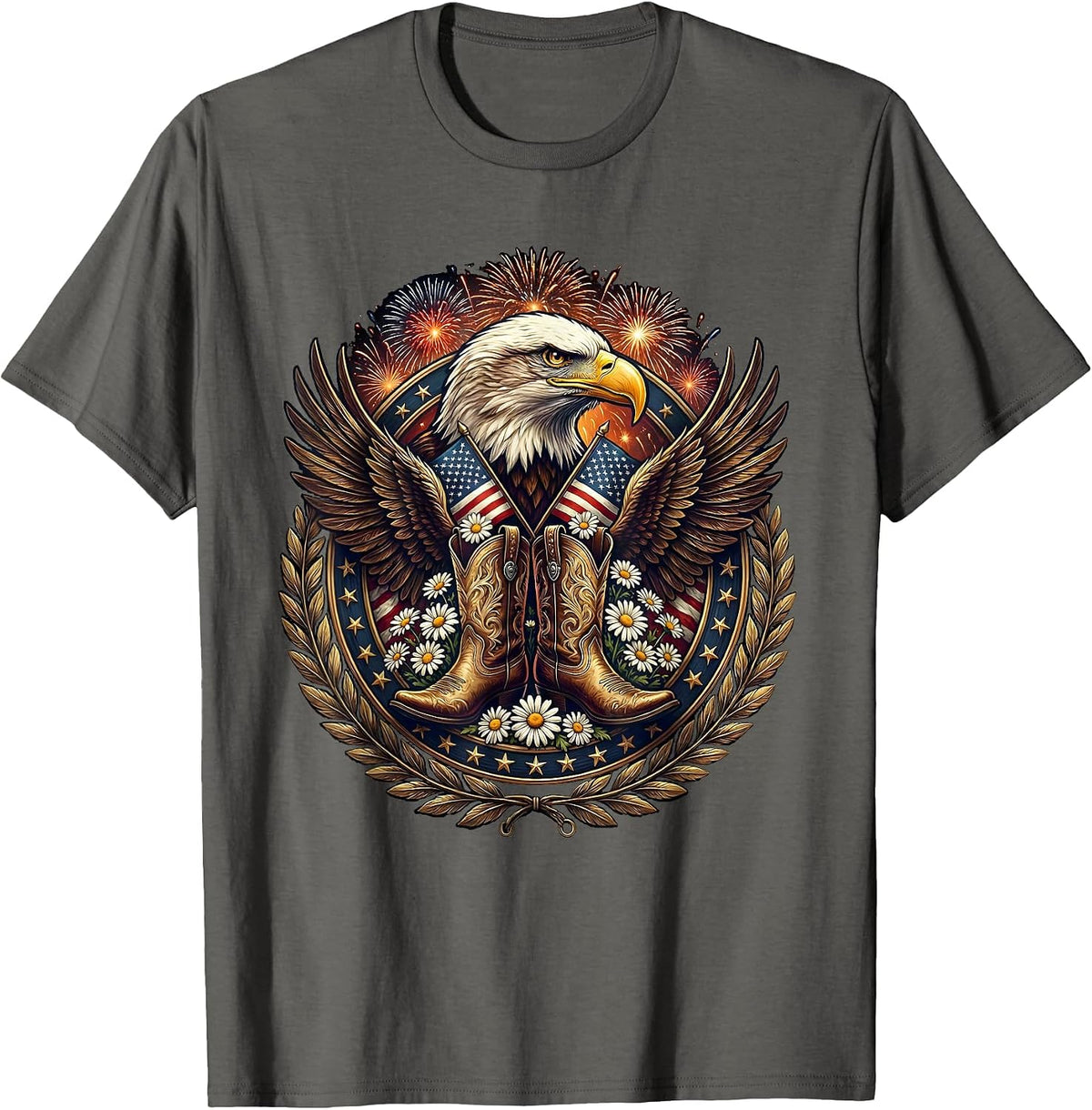 Men's Cowgirl Boots Spurs and Daisies Western Floral Art T-Shirt - Asphalt Grey
