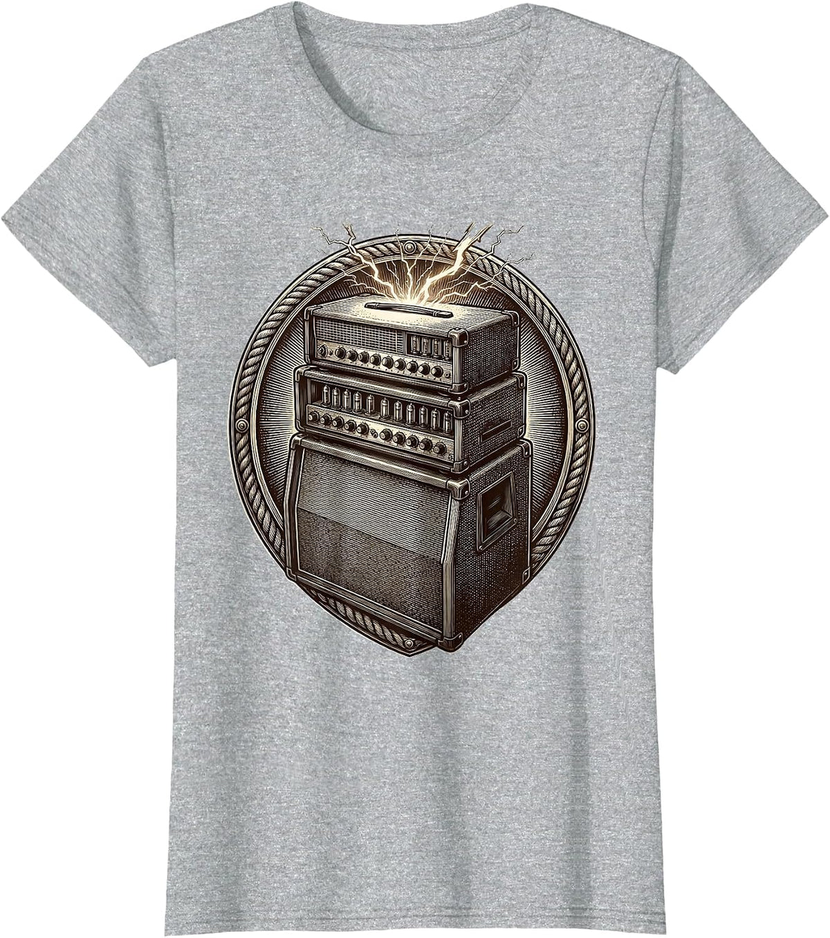 Vintage Stacked Amp Tower Rock Guitar Graphic T-Shirt - Heather Grey