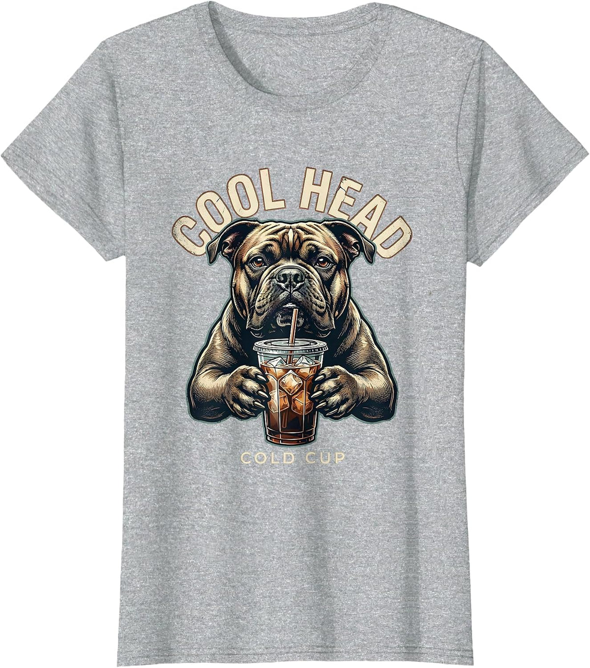 Cool Head, Cold Cup Distressed Pitbull Drinking Iced Coffee T-Shirt - Heather Grey