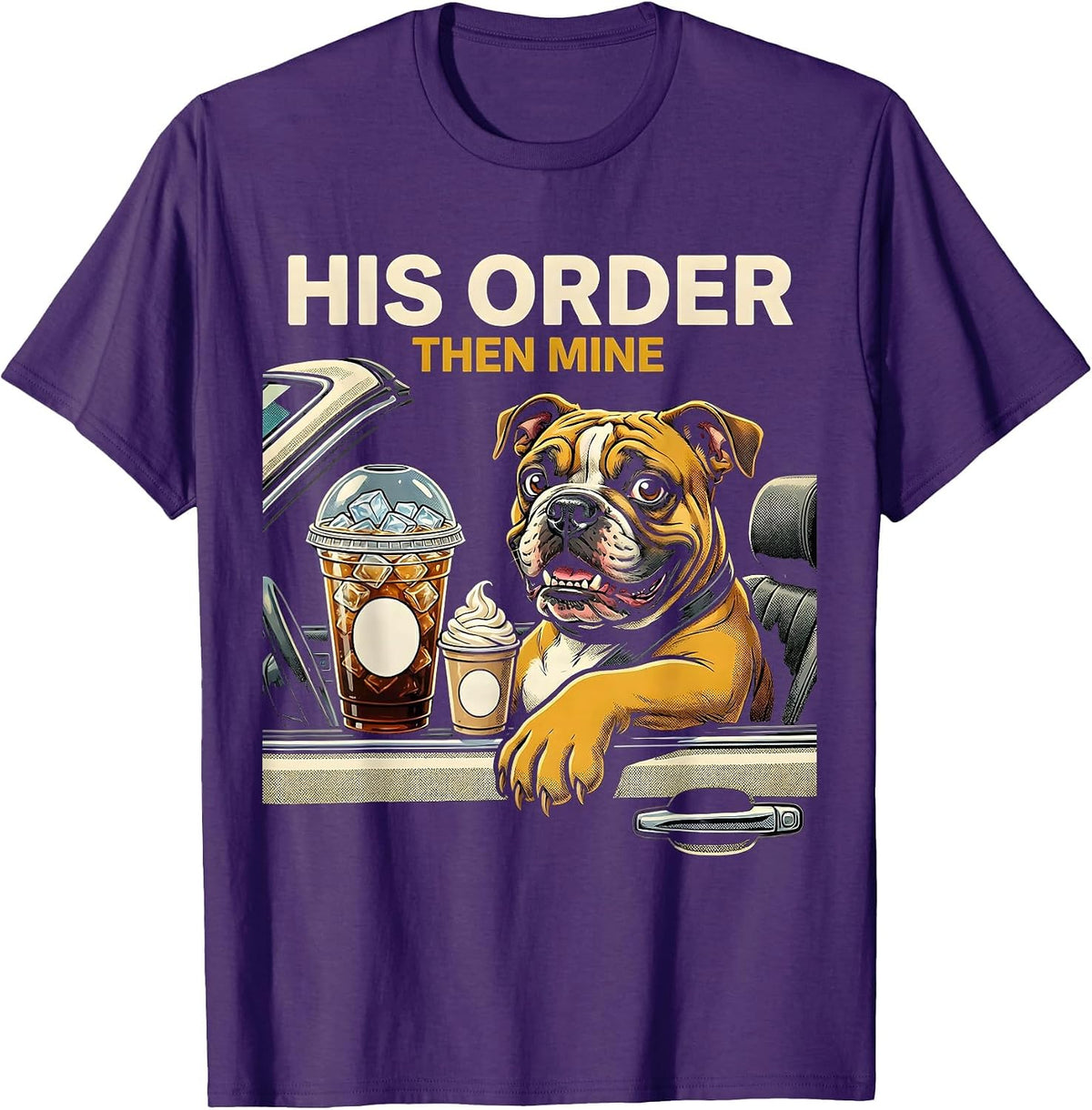 Men's His Order, Then Mine Funny Pitbull Drinking Iced Coffee Meme T-Shirt - Purple