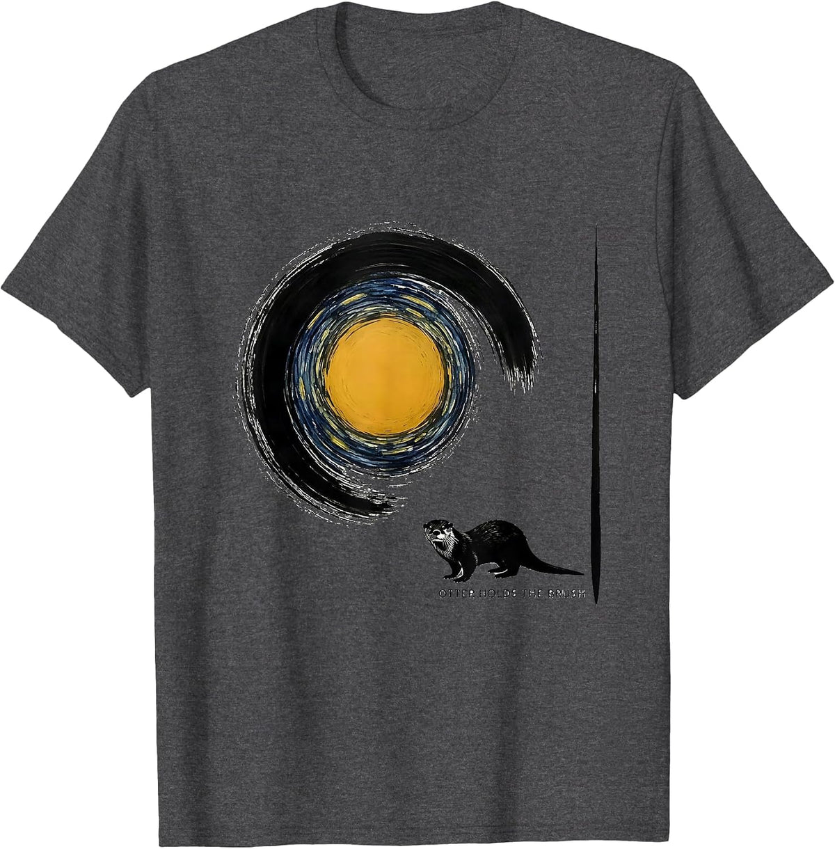 Men's Otter Holds The Brush Minimalist Van Gogh Parody Animal T-Shirt - Dark Heather Grey