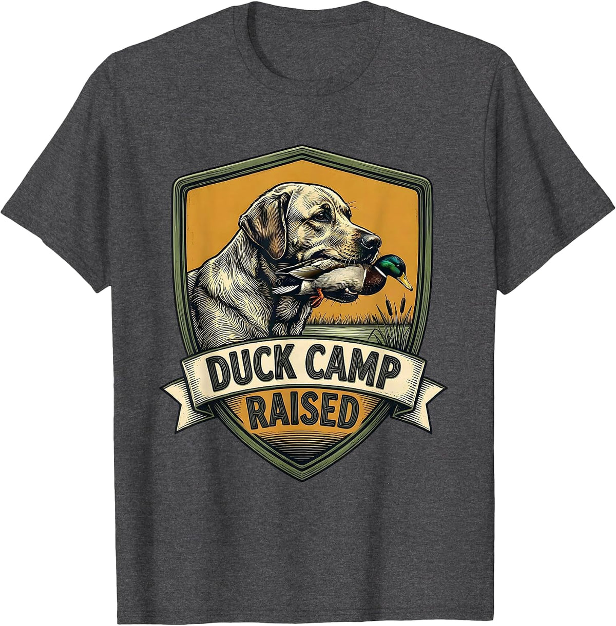 Duck Camp Raised Sign Painter Showcard Hunting Dog Waterfowl T-Shirt - Dark Heather Grey