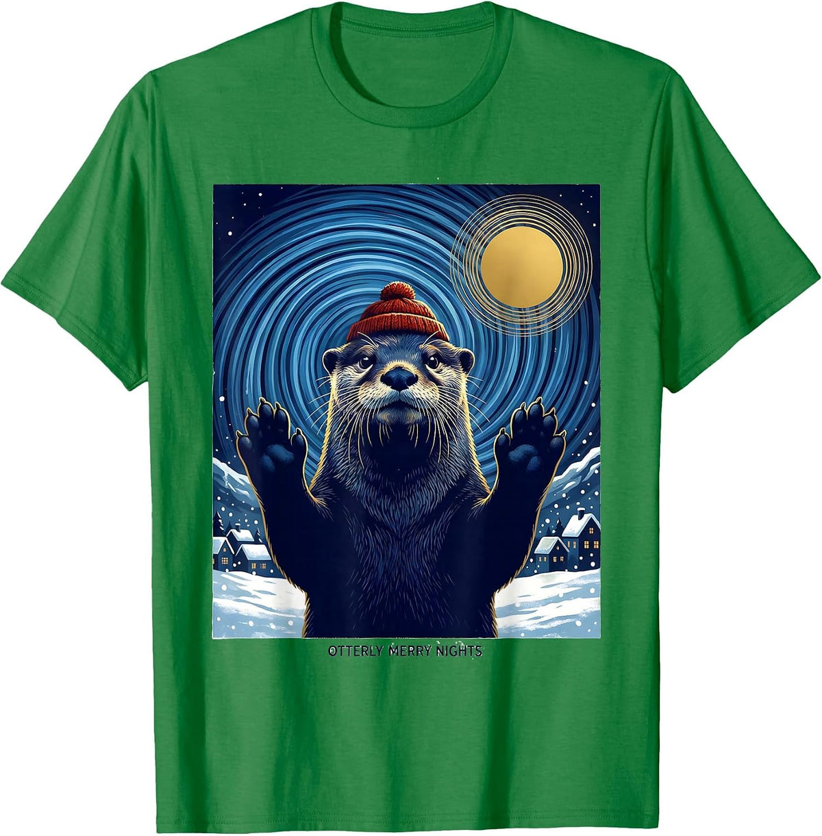 Men's Otterly Merry Nights Whimsical Animal Lover Van Gogh Parody T-Shirt - Kelly Green