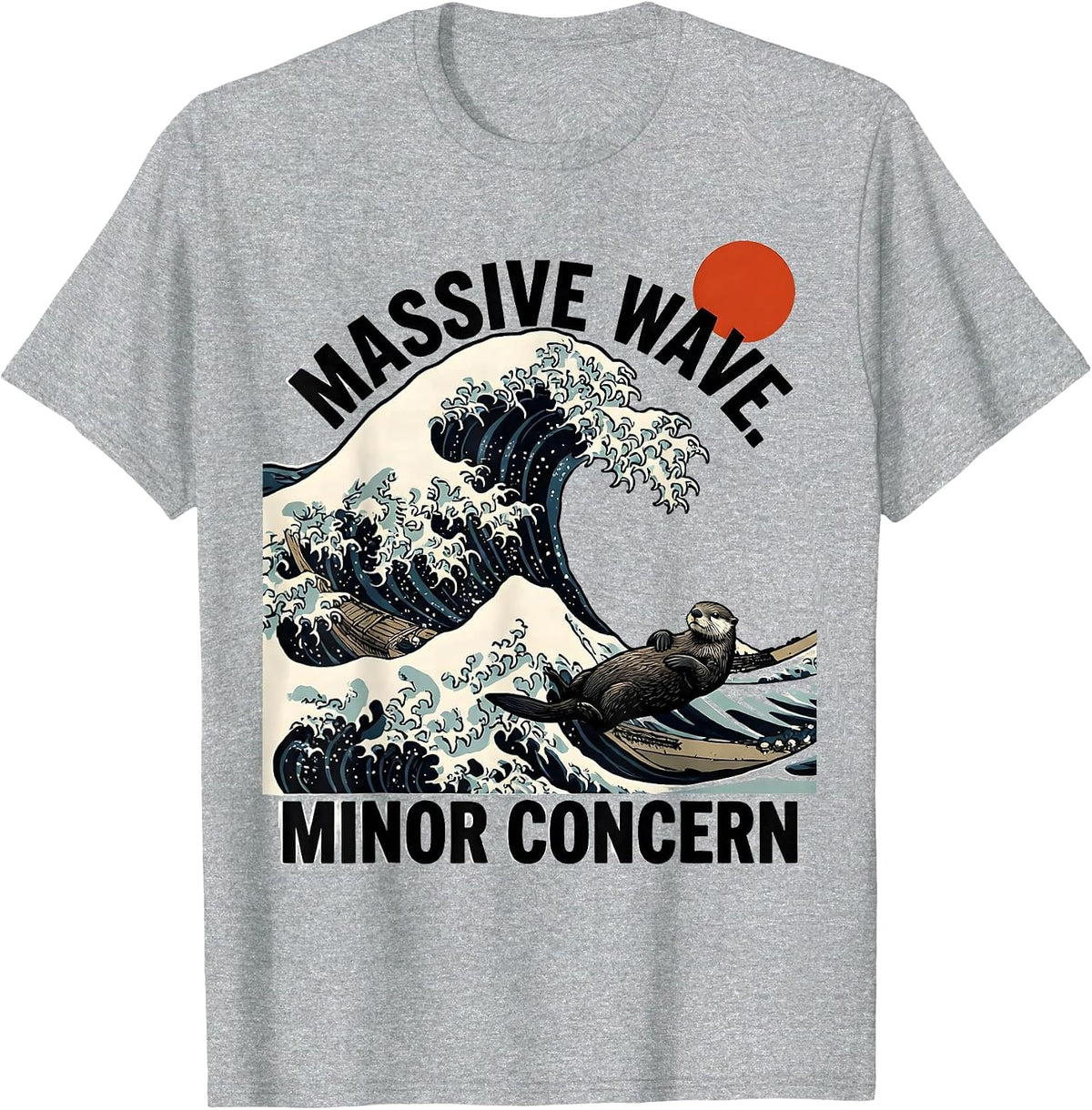 Men's Massive Wave Minor Concern Funny Sea Otter Japanese Art T-Shirt - Heather Grey