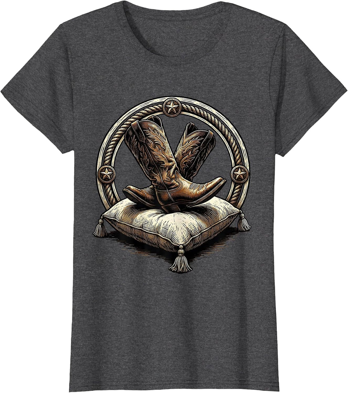 Women's Cowboy Boots on a Pillow Western Graphic Tee T-Shirt - Dark Heather Grey