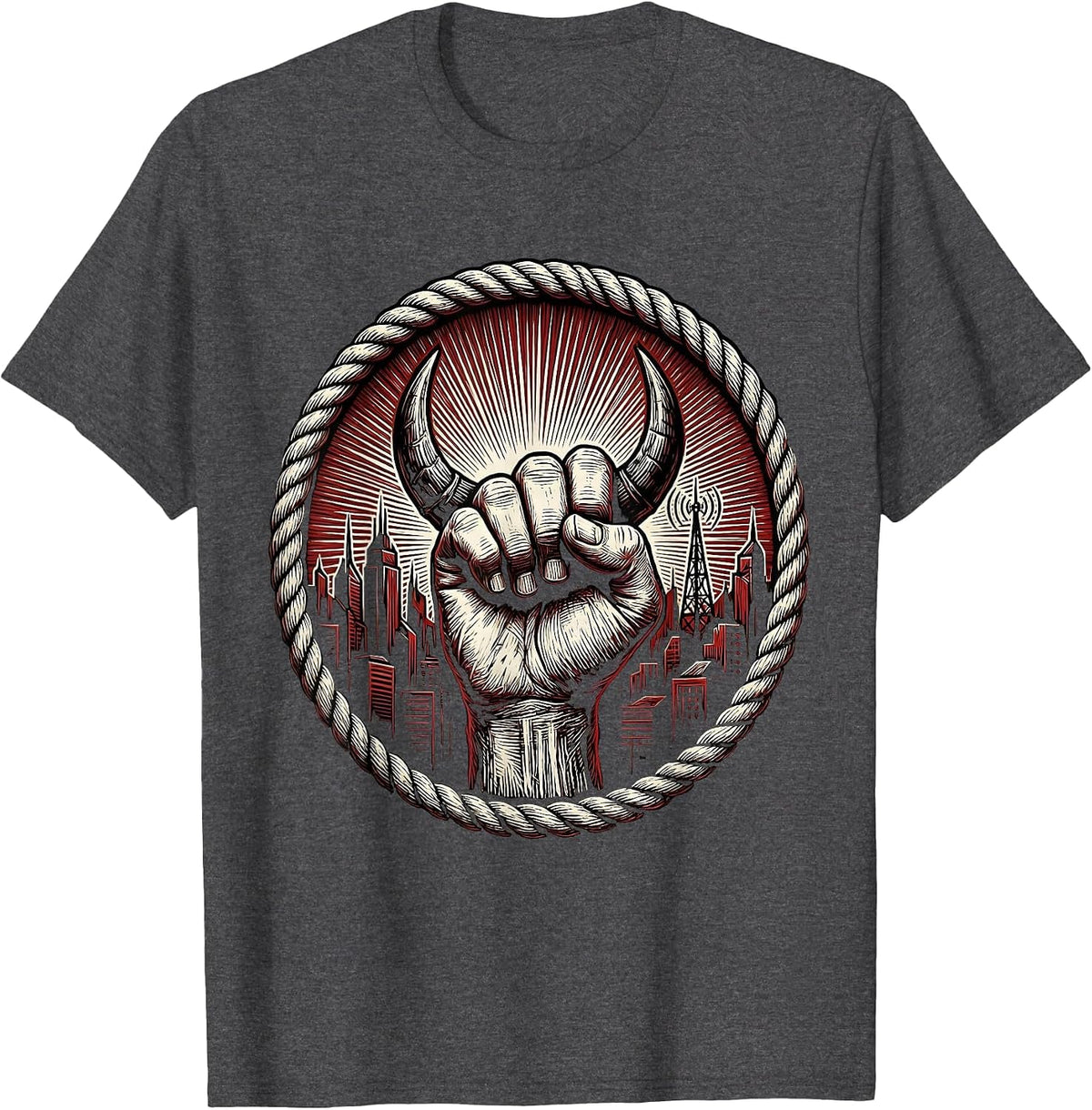 Devil Horns Over City Skyline 80s Rock Graphic T-Shirt - Dark Heather Grey
