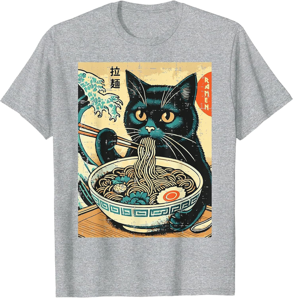 Japanese Cat Ramen Great Wave Vintage Art Food Men Women Kid T-Shirt - Heather Grey