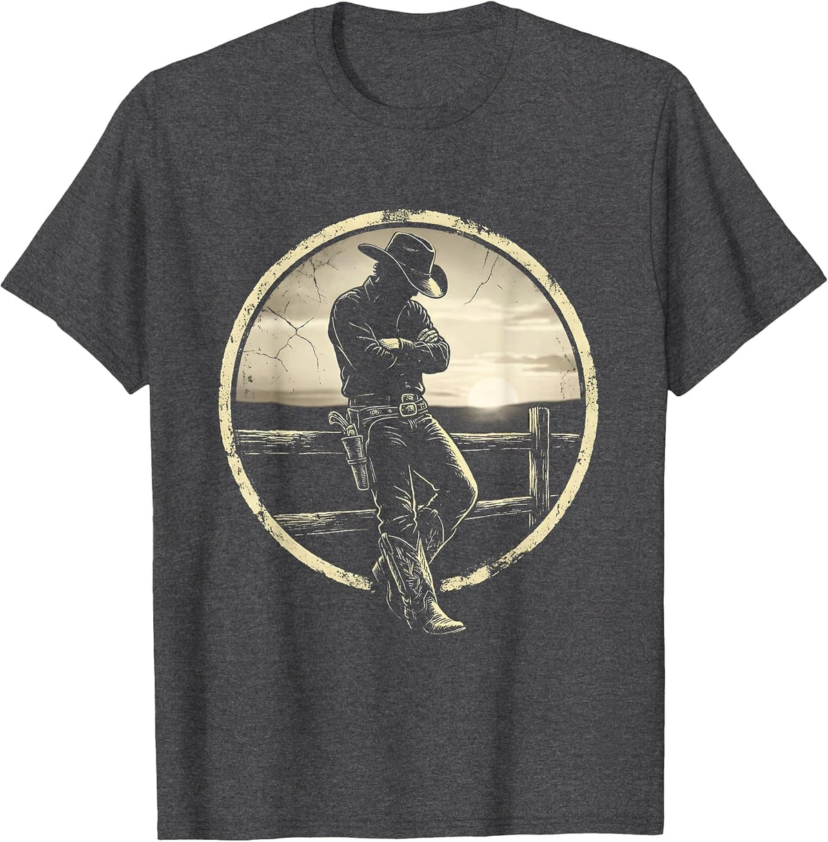 Men's Cowboy at Dusk Leaning on Fence Illustration T-Shirt - Dark Heather Grey