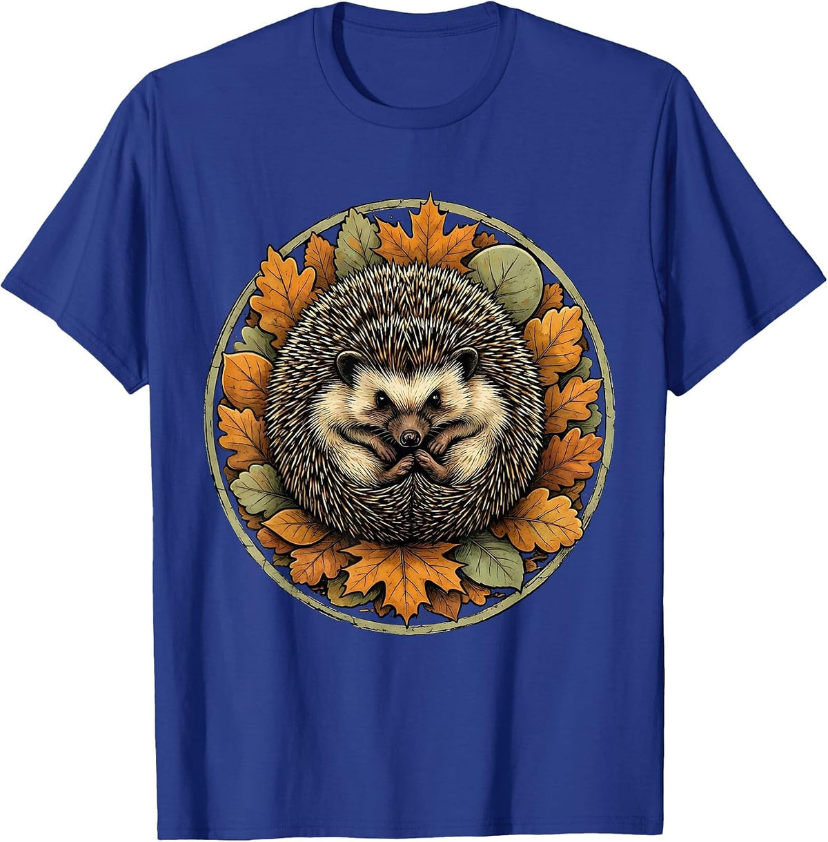 Hedgehog in Autumn Leaves Fall Illustration T-Shirt - Royal Blue