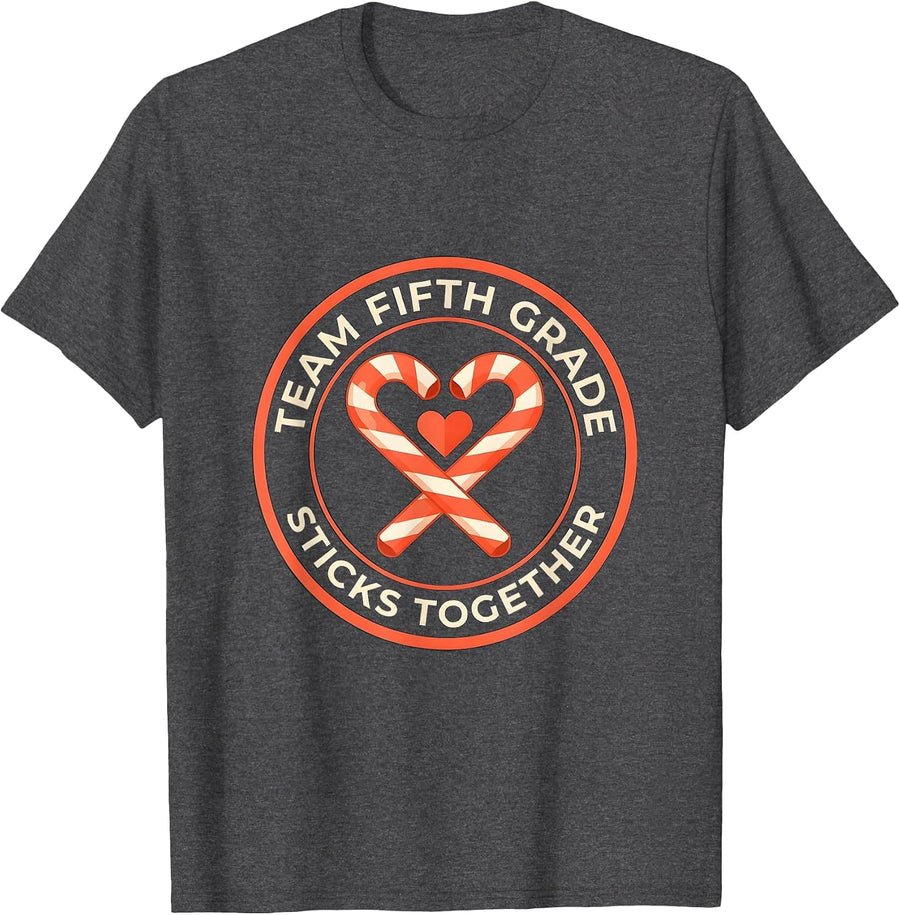 Men's Team Fifth Grade Sticks Together Christmas Candy Cane T-Shirt - Dark Heather Grey