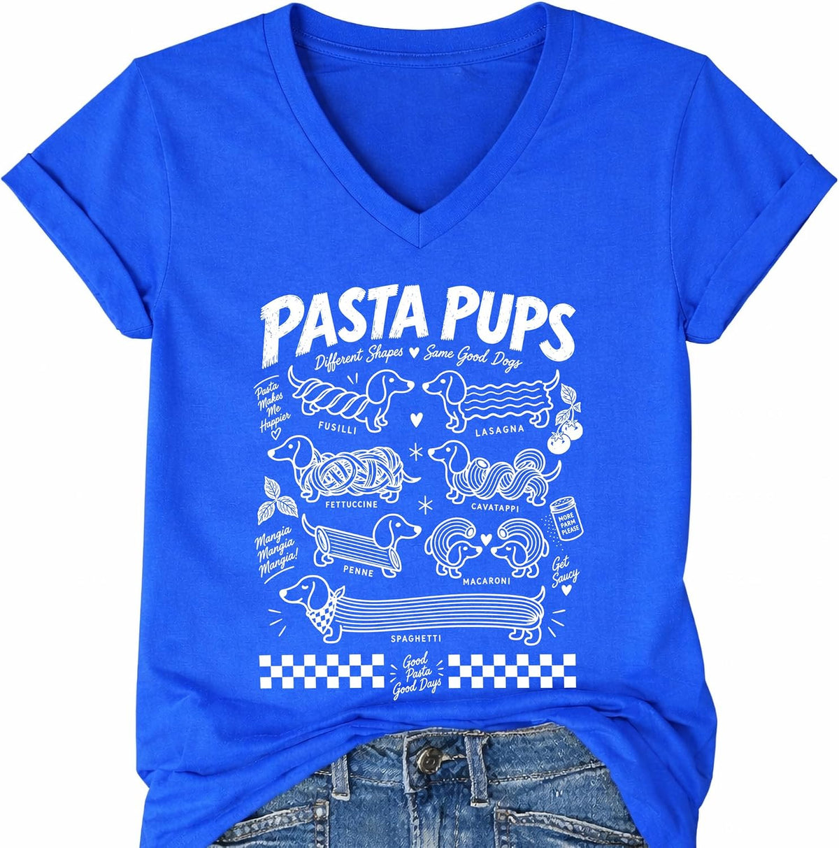 Pasta Pups Shirt Italian Cuisine Dachshund Food Graphic T-Shirts - Royal Blue V-neck