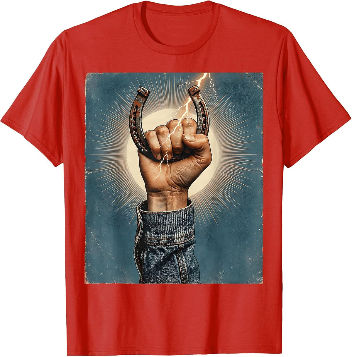 Men's Denim Cowgirl Horseshoe Lightning Bolt Graphic T-Shirt - Red