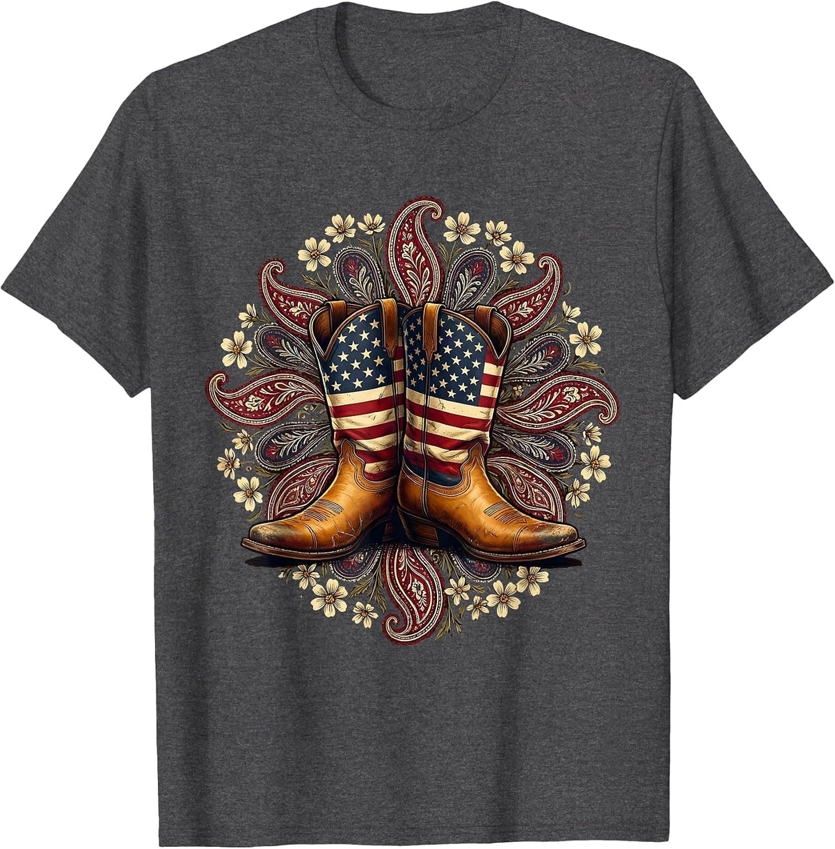 Men's Cowgirl Boots Floral Paisley Western Design T-Shirt - Dark Heather Grey