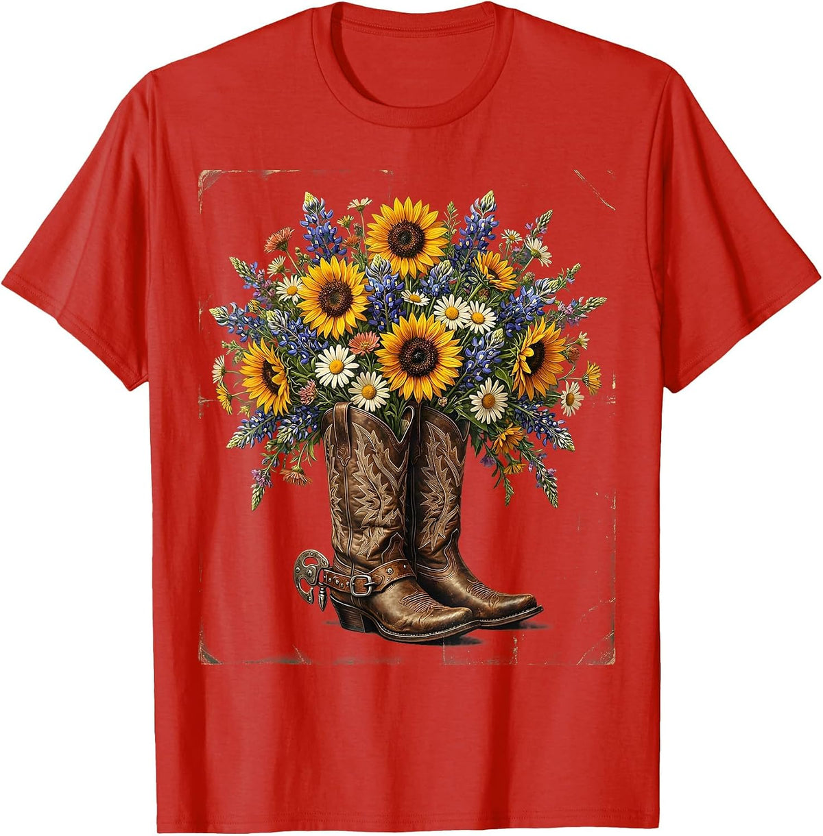 Men's Cowgirl Boots Wildflowers Western Illustration T-Shirt - Red