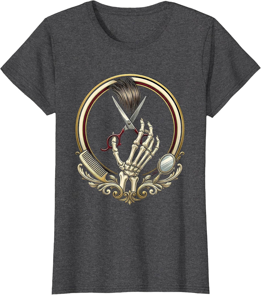 Women's Salon Skeleton Barber Emblem Halloween Hairstylist T-Shirt - Dark Heather Grey