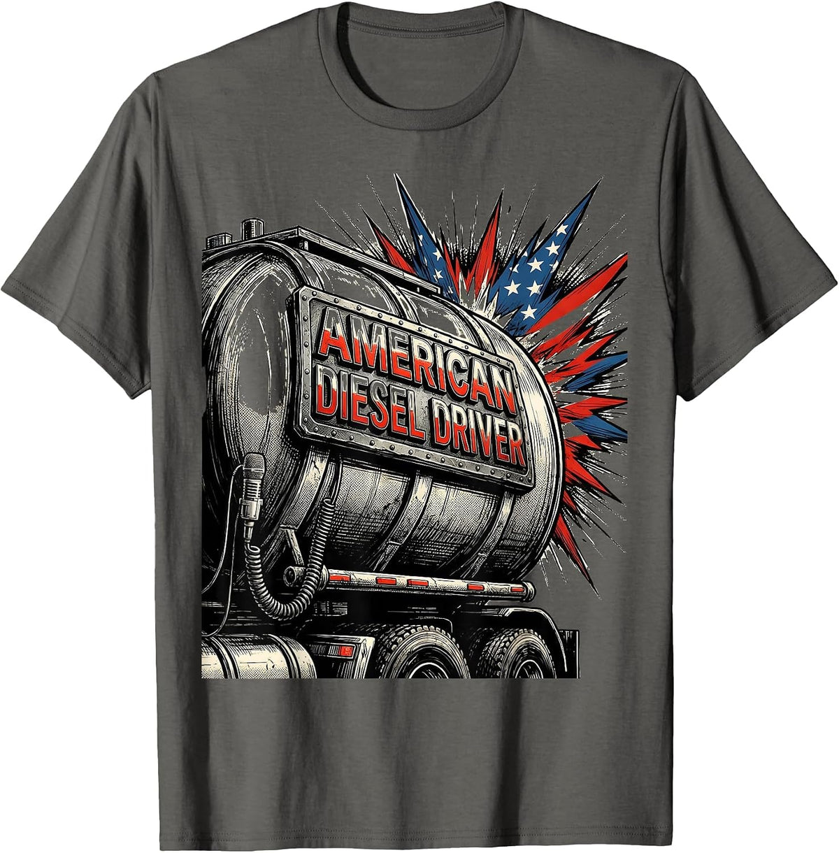 American Diesel Driver Comic Book Trucker Patriotic Semi T-Shirt - Asphalt Grey