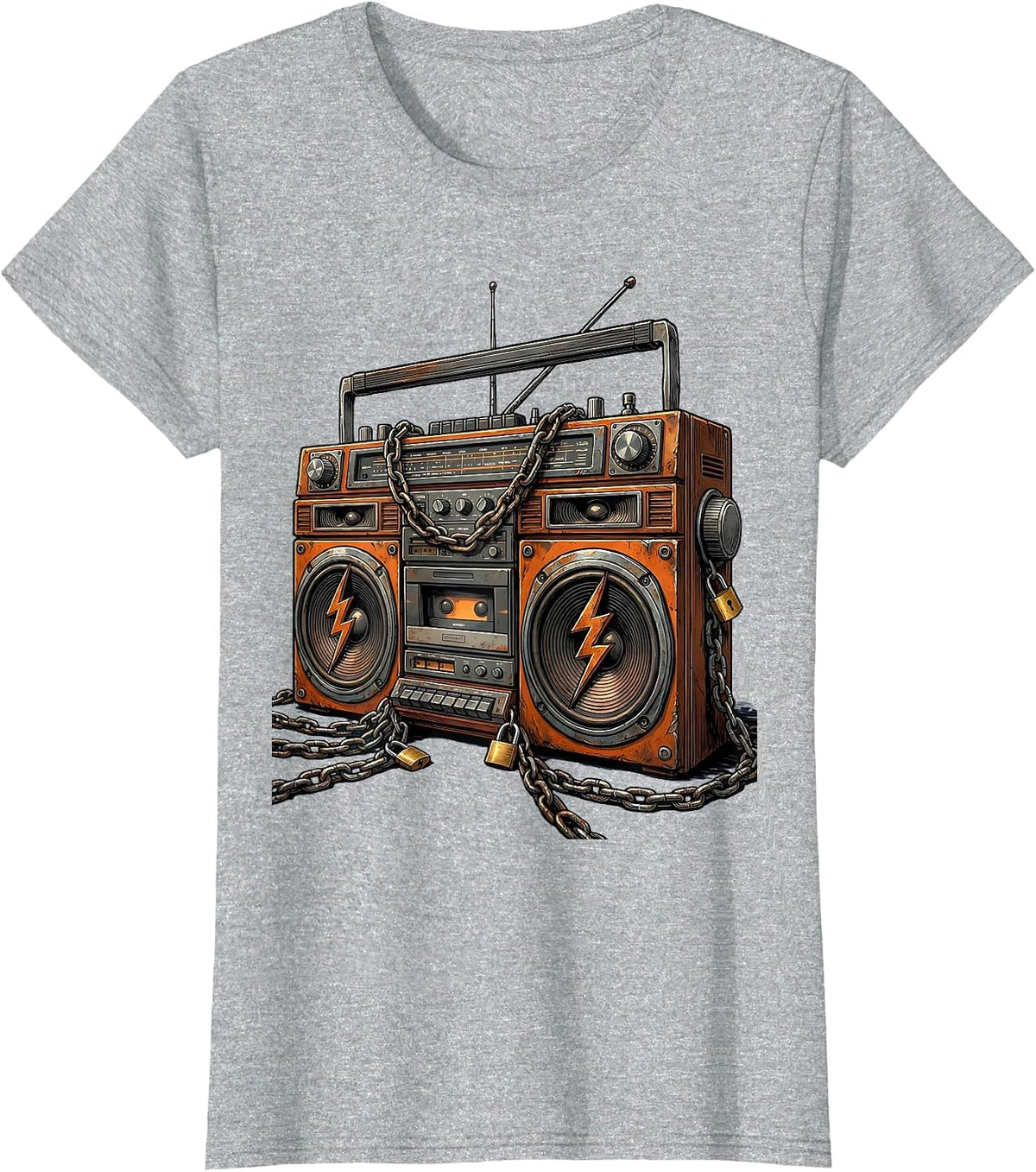 Chained Boom Box Old School Rock Graphic Tee T-Shirt - Heather Grey