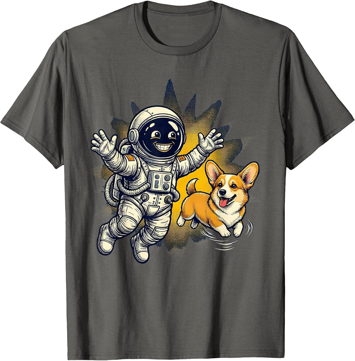 Men's Astronaut Space Corgi Floating Galaxy Dog T-Shirt - Asphalt Grey