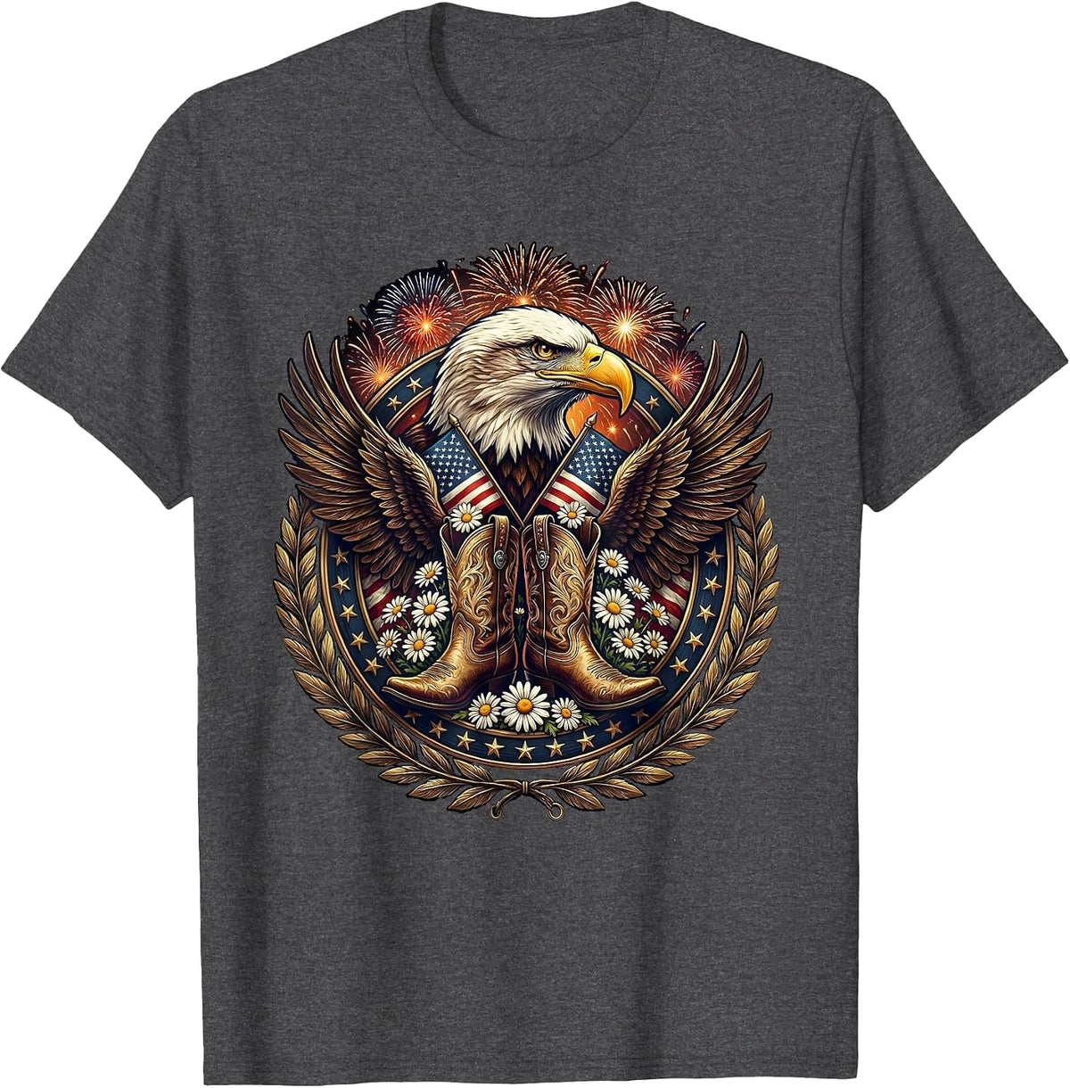 Men's Cowgirl Boots Spurs and Daisies Western Floral Art T-Shirt - Dark Heather Grey