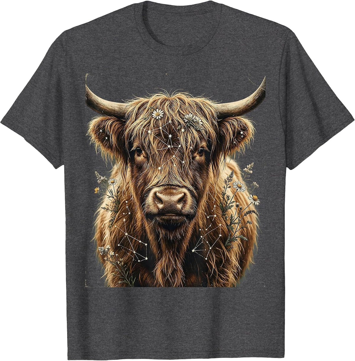 Men's Highland Cow Constellation Celestial Artwork T-Shirt - Dark Heather Grey