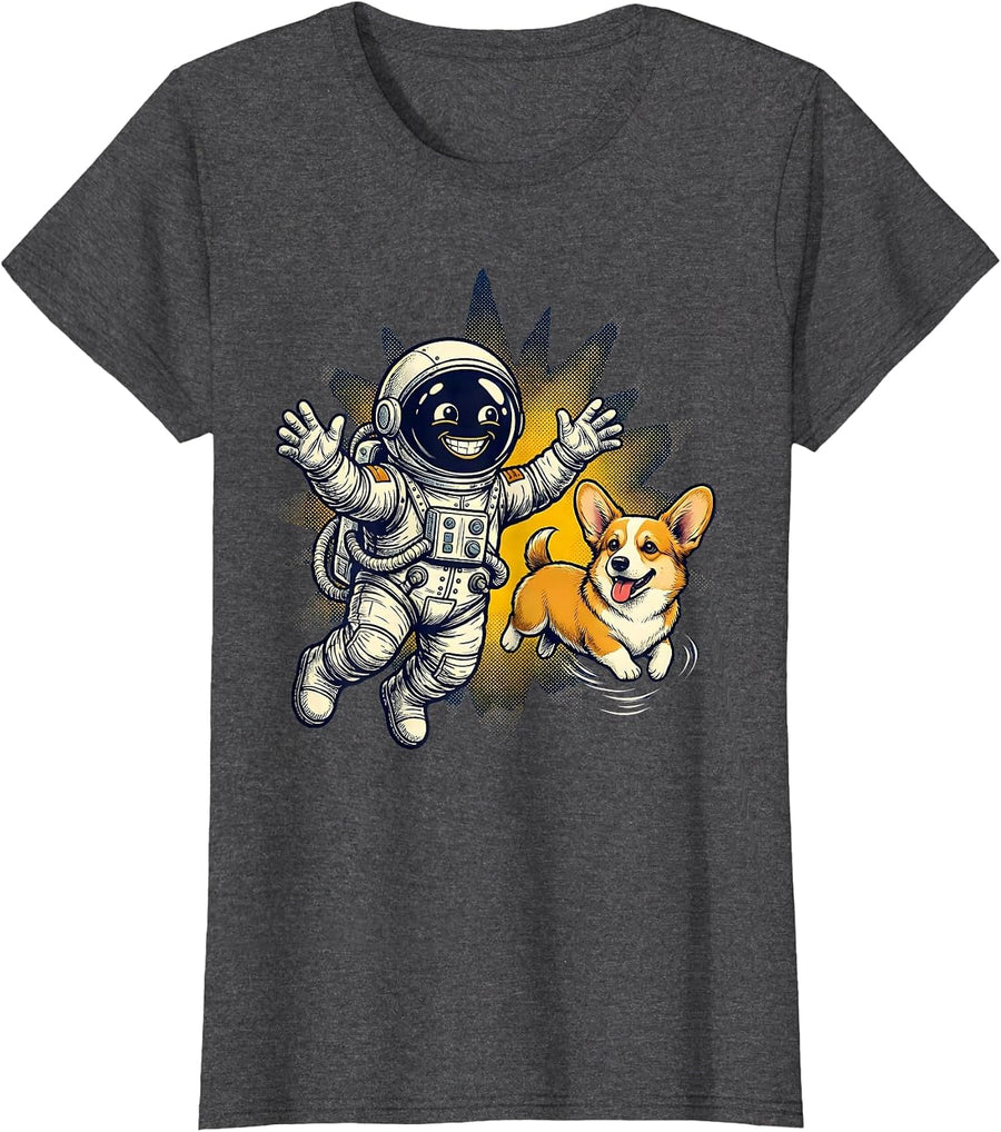 Women's Astronaut Space Corgi Floating Galaxy Dog T-Shirt - Dark Heather Grey