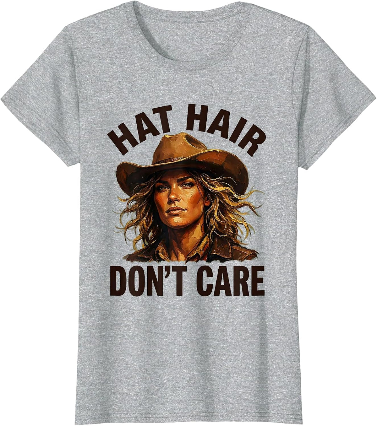 Hat Hair Don't Care Cowgirl Design T-Shirt - Heather Grey