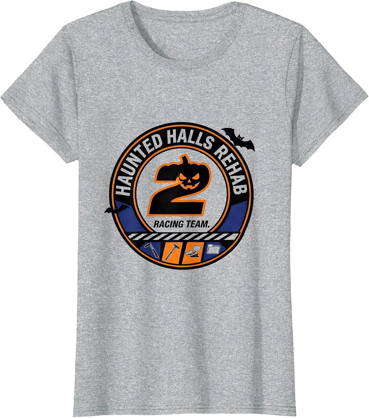 Haunted Halls Rehab Racing Team Funny Physical Therapy T-Shirt - Heather Grey