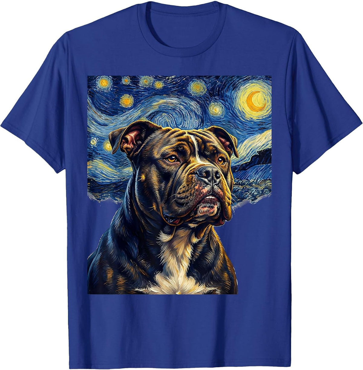 Pitbull Van Gogh Style Starry Night Dog Breed Portrait T-Shirt - Royal Blue