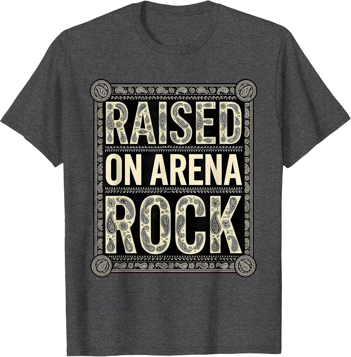 Men's Raised on Arena Rock 80s Band Music Design T-Shirt - Dark Heather Grey