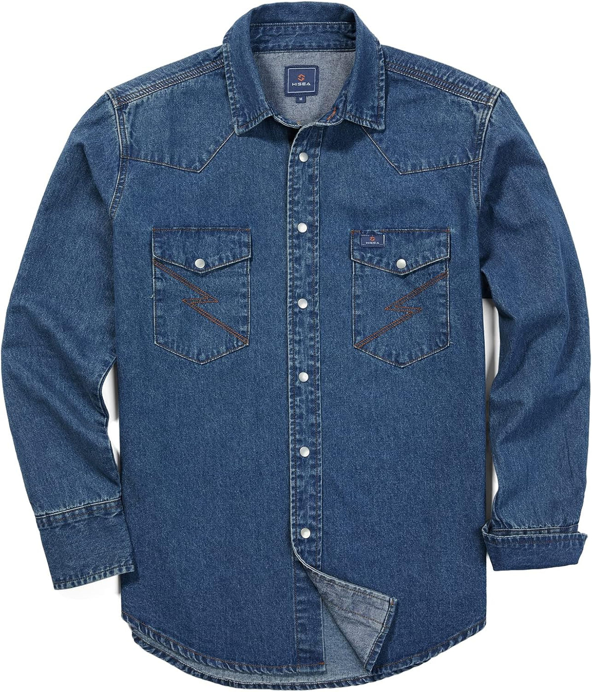 HISEA Men's Denim Shirt Long Sleeve, Button Down Work Shirt, Regular Fit - Washed Dark Indigo