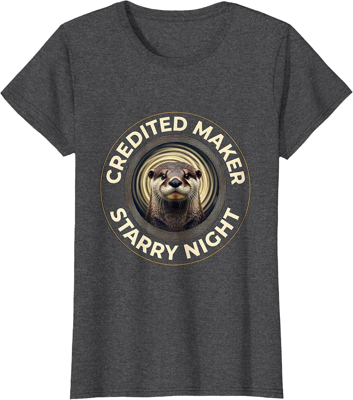 Women's Credited Maker Starry Night Whimsical Otter Art Lover Humor T-Shirt - Dark Heather Grey