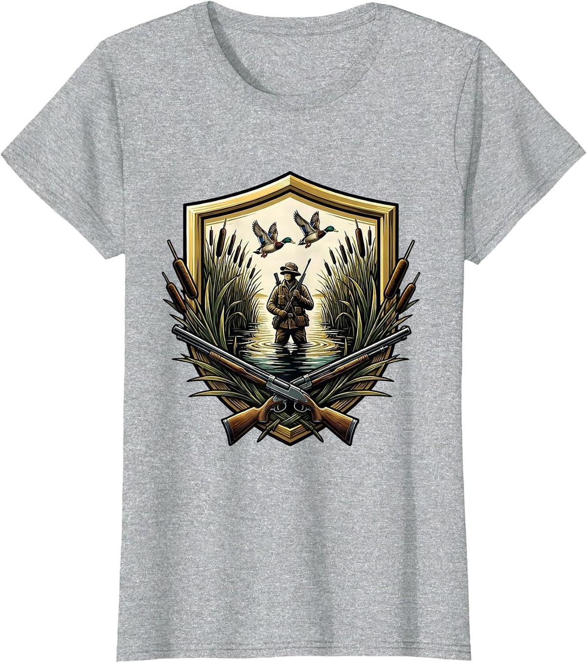 Duck Hunter Hidden in Tall Marsh Reeds Illustration T-Shirt - Heather Grey