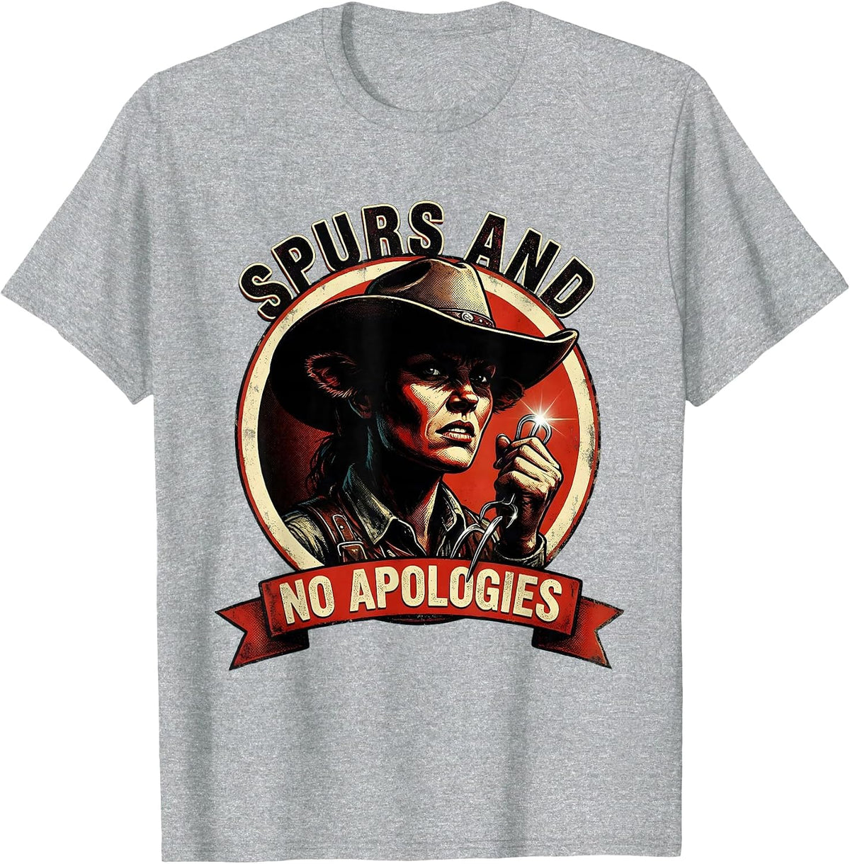Men's White Cowgirl Spurs and No Apologies Design T-Shirt - Heather Grey
