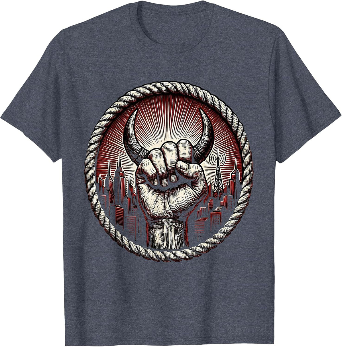 Devil Horns Over City Skyline 80s Rock Graphic T-Shirt - Heather Blue