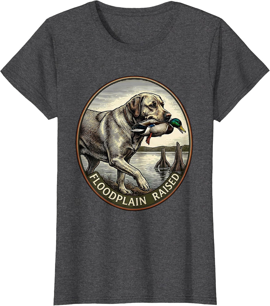 Women's Floodplain Raised Rustic Hunting Dog Waterfowl Youth Teens T-Shirt - Dark Heather Grey