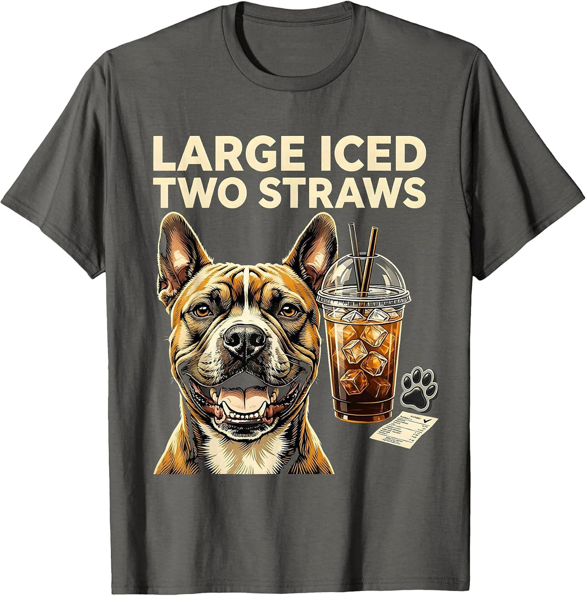Men's Large Iced Two Straws Funny Pitbull Drinking Iced Coffee T-Shirt - Asphalt Grey