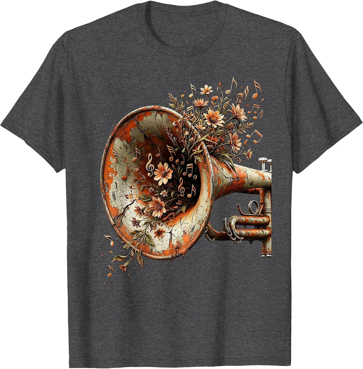 Trumpet Floral Notes Musical Bloom Design T-Shirt - Dark Heather Grey