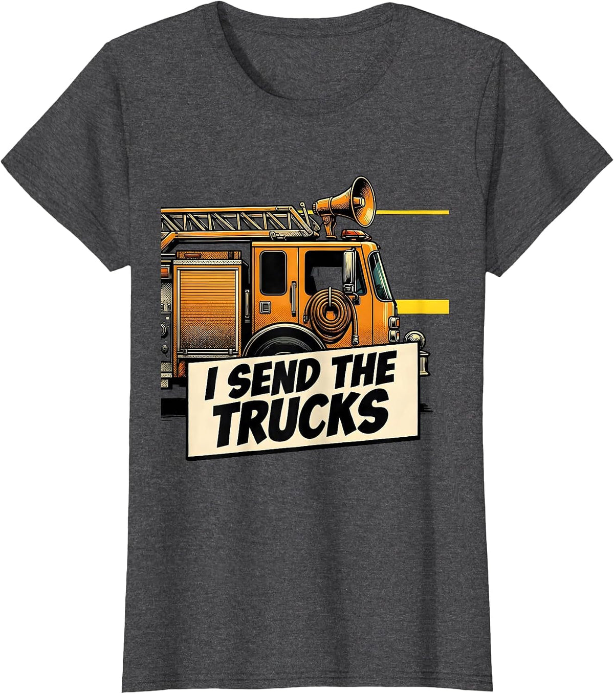 Women's I Send The Trucks Comic Book 911 Dispatcher Thin Yellow Line T-Shirt - Dark Heather Grey