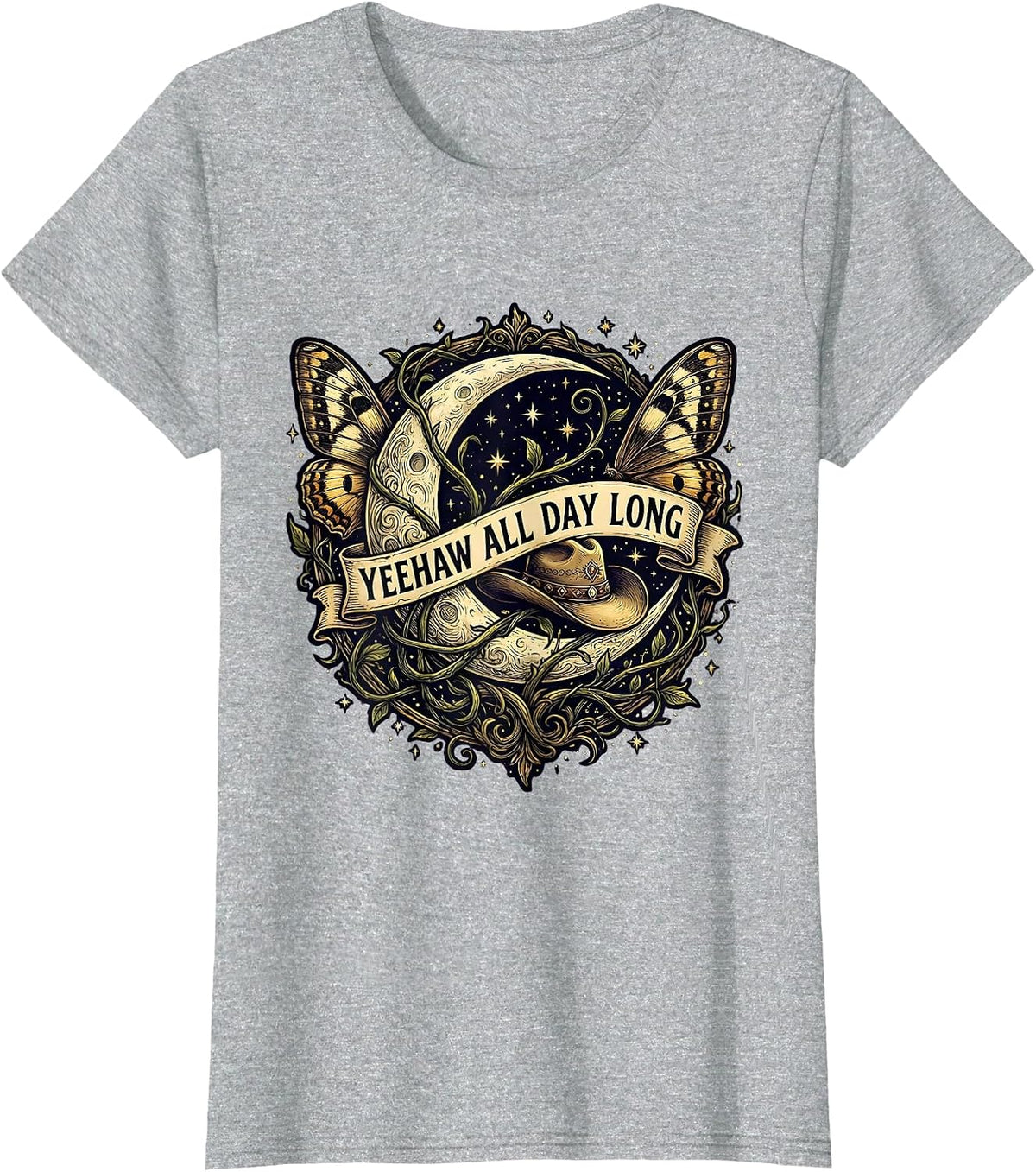 Women's Yeehaw All Day Long Western Cowboy Design T-Shirt - Heather Grey