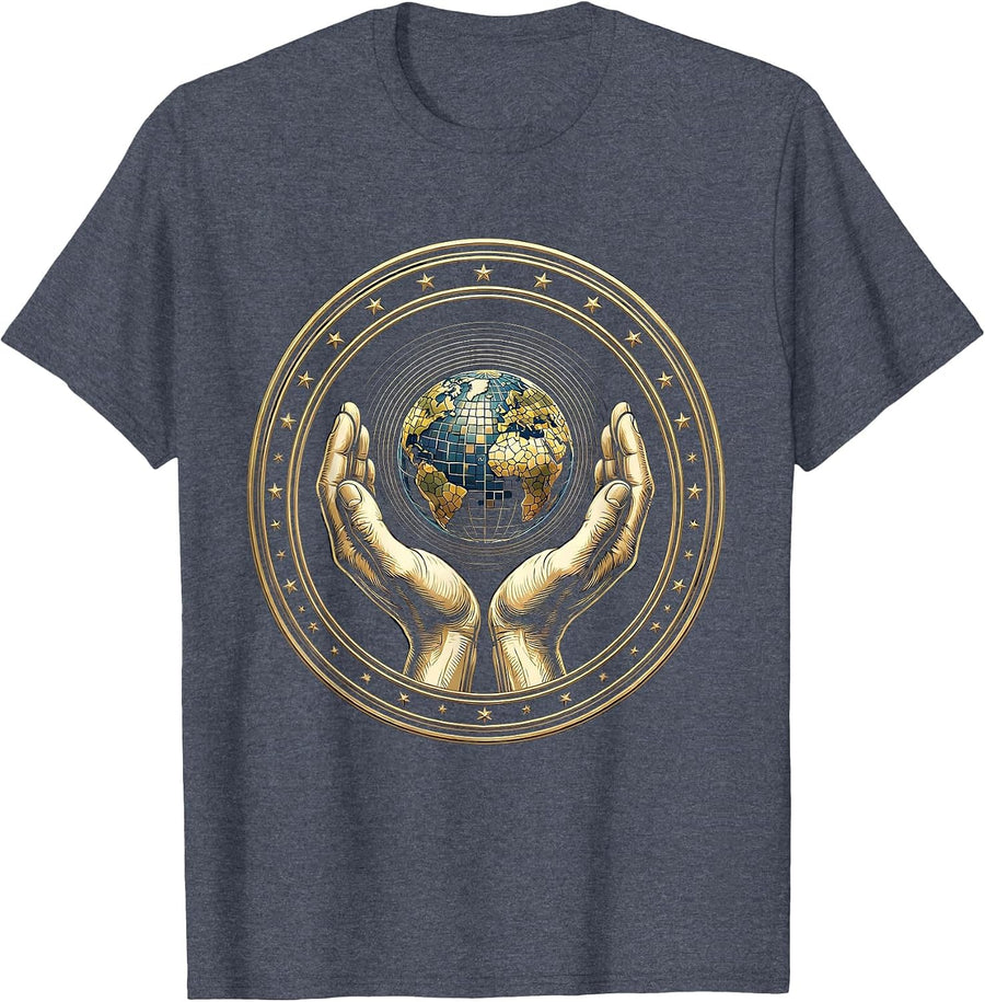 Autism Awareness Hands Cradling Glowing World T-Shirt - Heather Blue