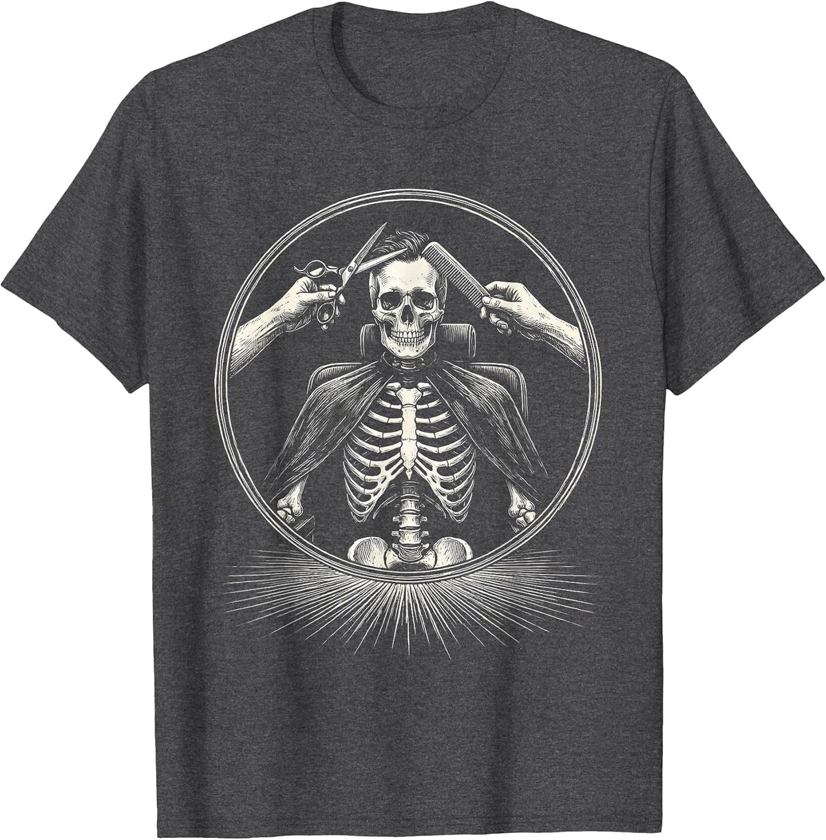 Skeleton Barber Chair Gothic Hairstylist Halloween Humor T-Shirt - Dark Heather Grey