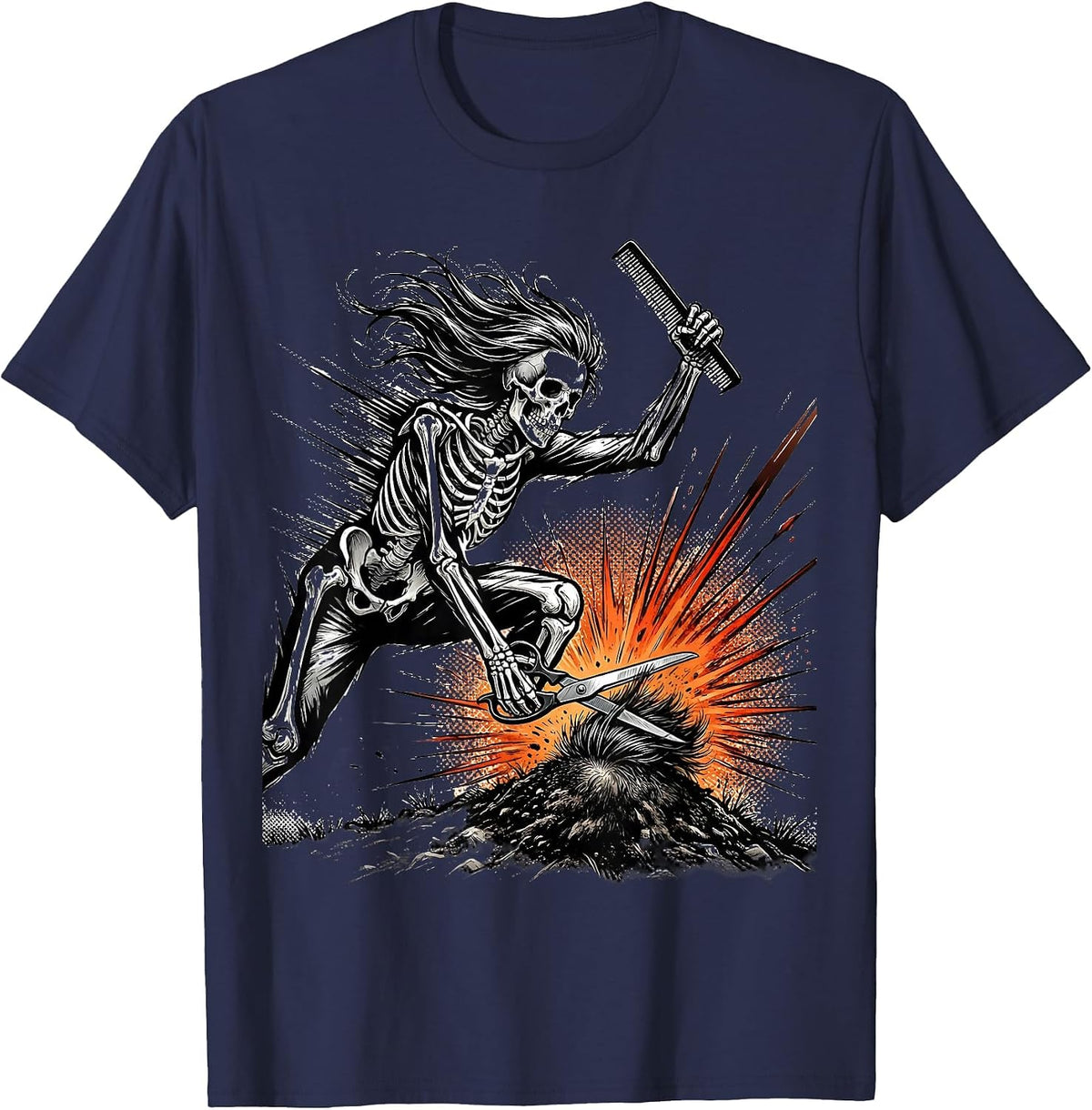 Skeleton Hairstylist Dynamic Haircut Halloween Humor T-Shirt - Navy Blue