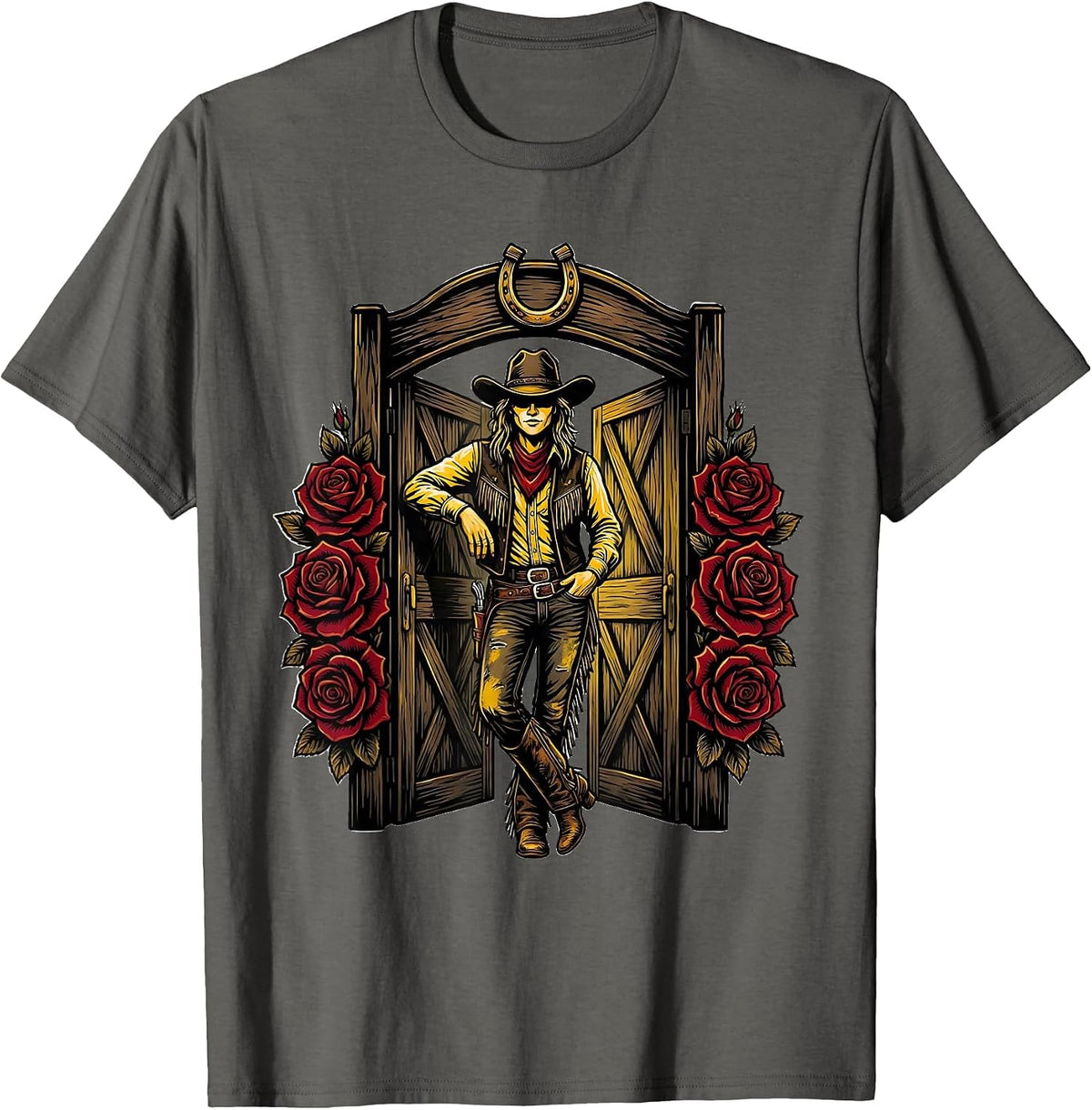 Cowgirl Leaning on Saloon Door Graphic T-Shirt - Asphalt Grey