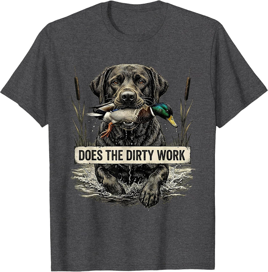 Men's Does The Dirty Work Vintage Labrador Hunting Dog Waterfowl T-Shirt - Dark Heather Grey
