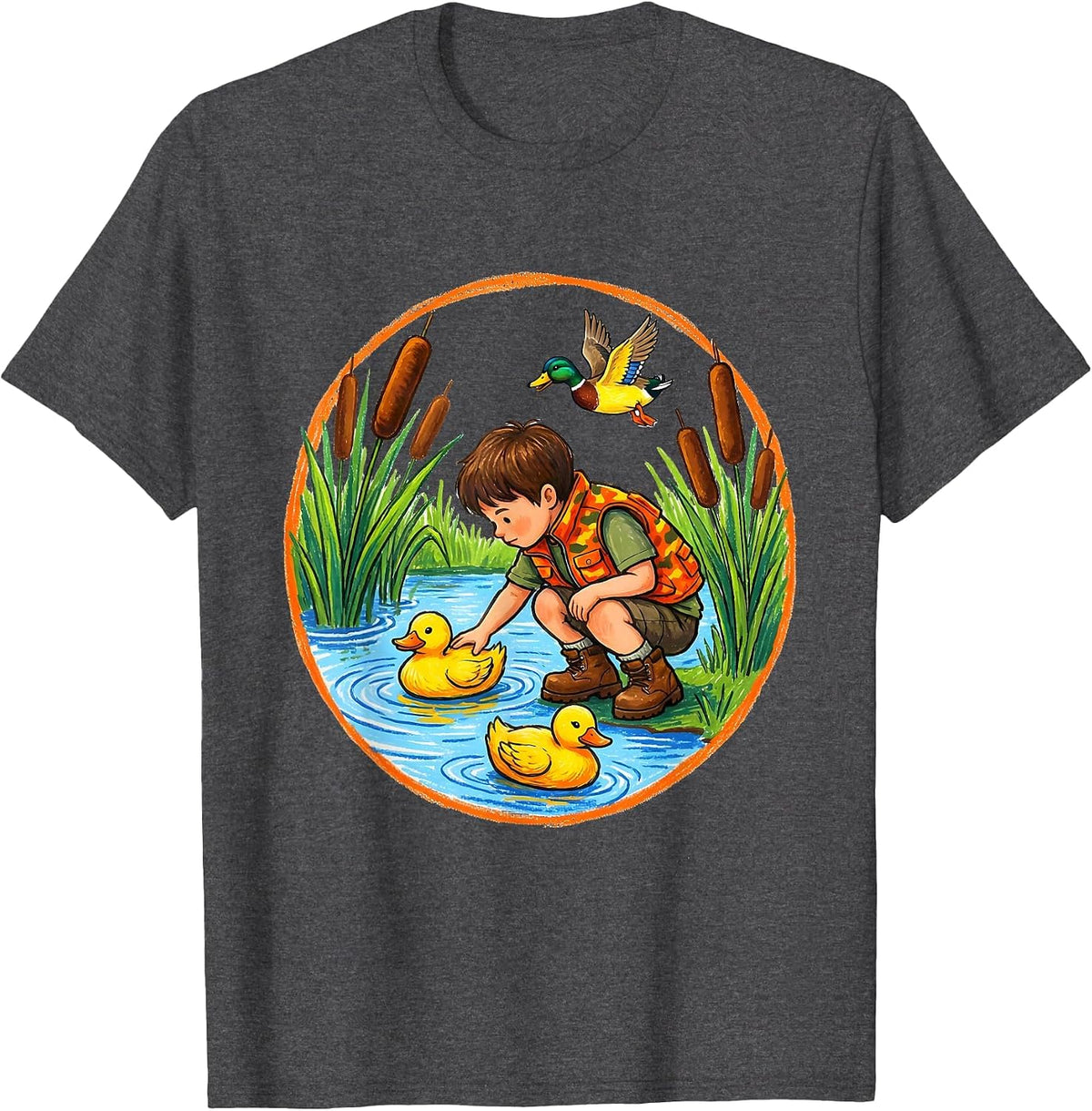 Men's Kids Duck Hunting Decoy Setup Illustration T-Shirt - Dark Heather Grey